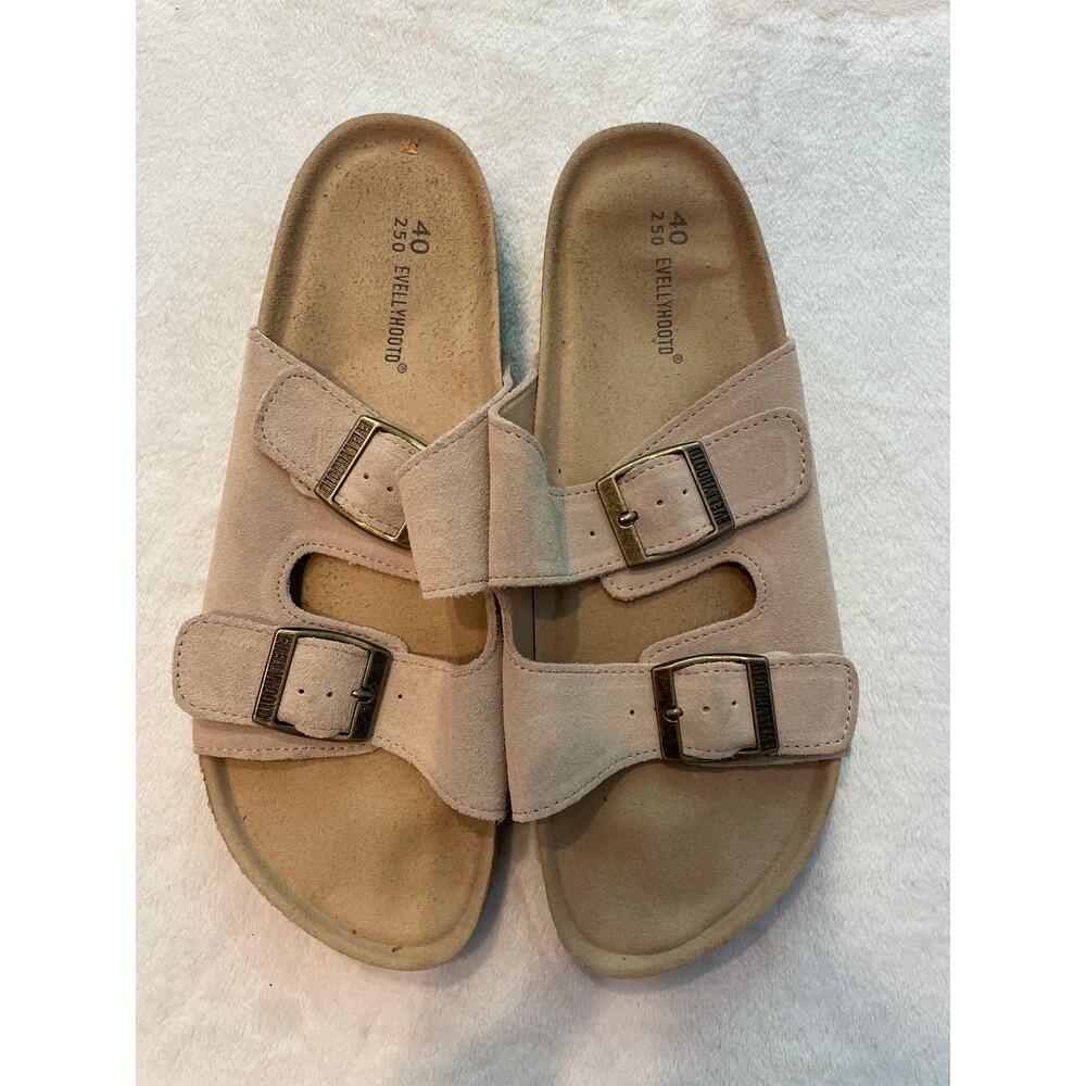 EVELLYHOOTD Dual Buckle Suede Sandals 40 Open Toe Two Straps Slides 8333 Taupe